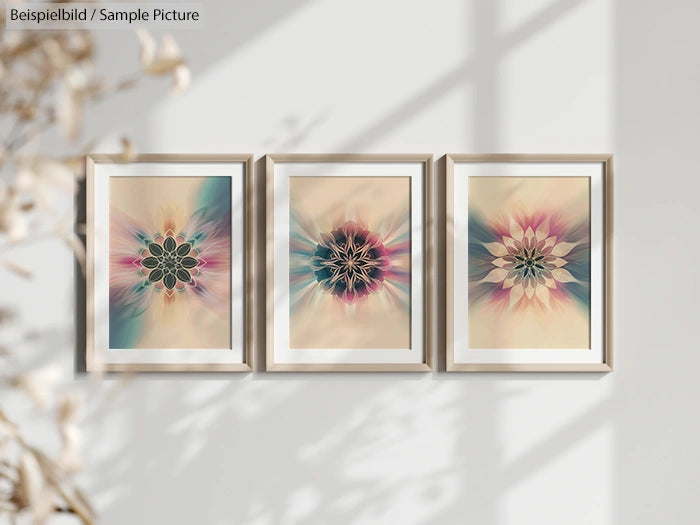 Three framed abstract art pieces with geometric floral patterns in a pastel color palette, displayed on a light wall.