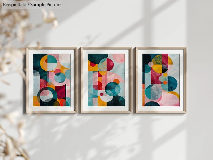 Three framed abstract paintings with colorful geometric circles and shapes, hung on a white wall.