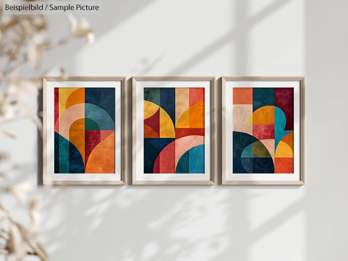 Three framed abstract geometric artworks with vibrant colors, including red, blue, and yellow, on a white wall.