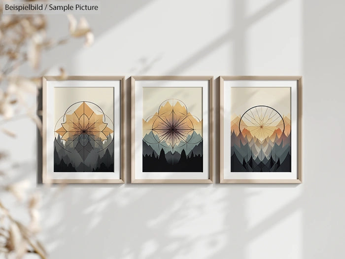 Three framed abstract mountain art prints with geometric shapes in shades of blue, gray, and orange.