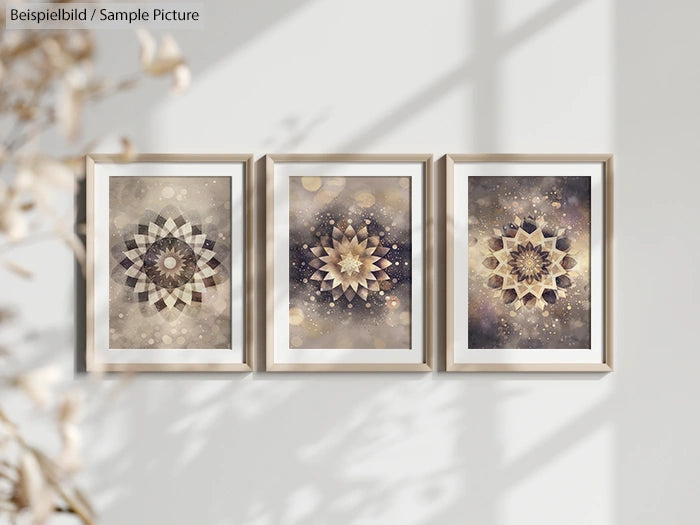 Trio of framed mandala art with beige and brown tones, casting soft shadows on a light wall.