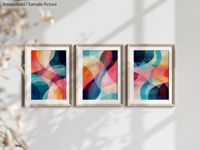 Three abstract paintings with multicolored geometric shapes in wooden frames on a sunlit wall.