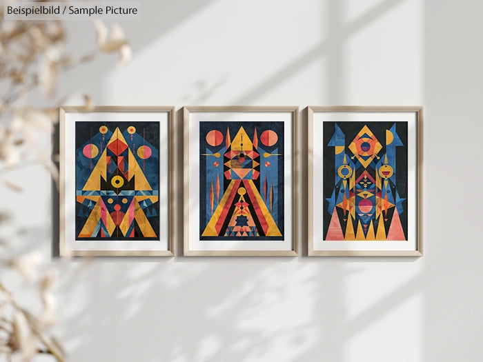 Three framed geometric abstract art prints with triangles and circles in bold colors on a wall.