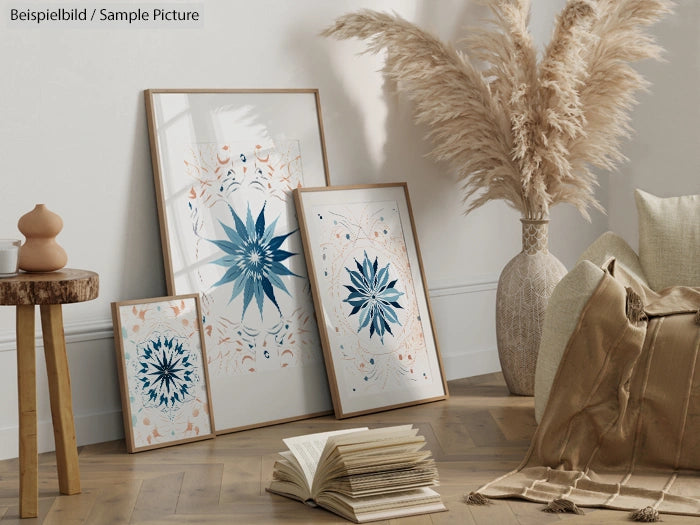 Decorative living room with framed abstract art, dried pampas grass, books, and neutral-toned pouf.