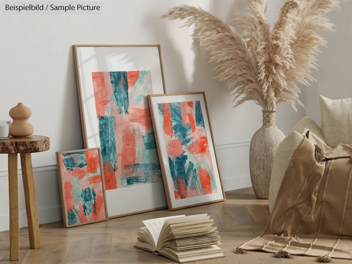 Abstract art pieces with teal and coral brushstrokes next to a vase with pampas grass, on a wooden floor.