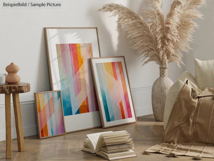 Stylish living room with abstract art posters, pampas grass vase, and cozy decor on a wooden floor.