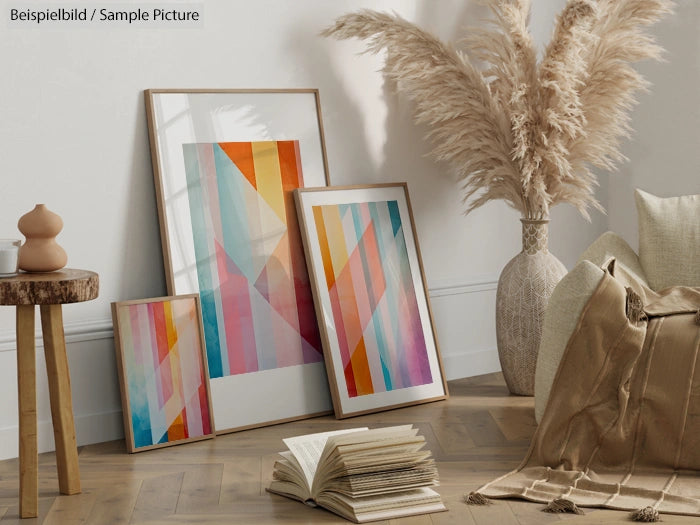 Modern interior with abstract geometric artwork, wooden frames, pampas grass, a book, and a cozy pillow on a wooden floor.