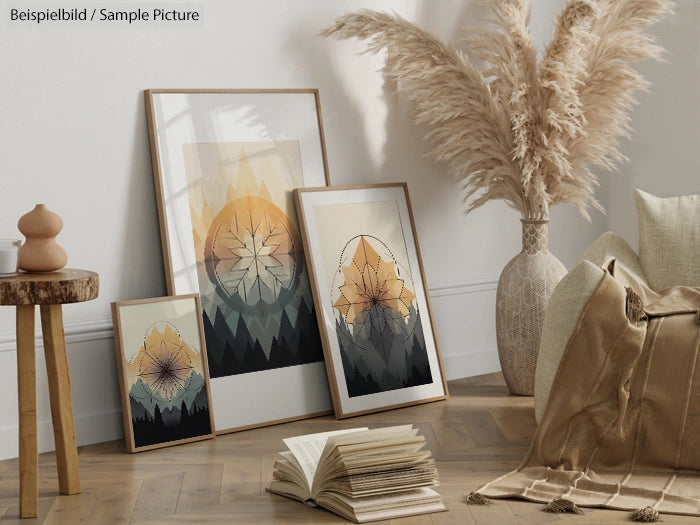 Framed geometric art prints on floor with pampas grass decoration and neutral decor elements.