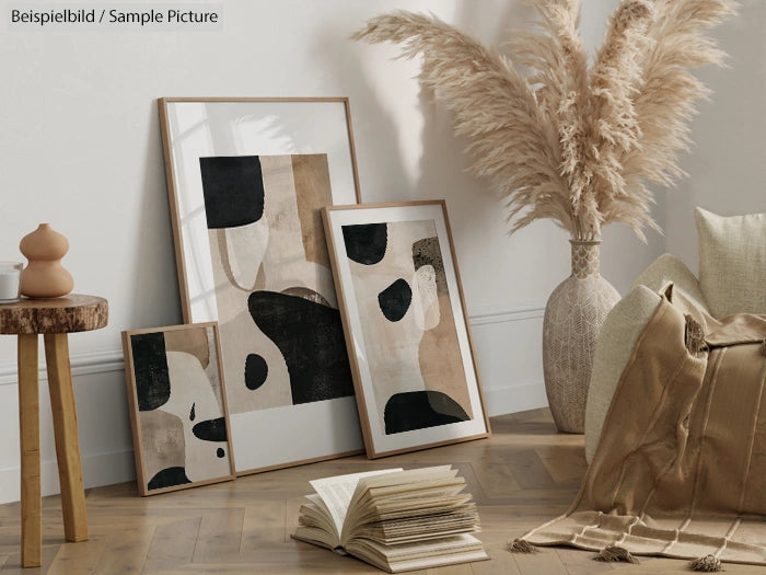 Stylish modern living room decor with abstract art, pampas grass, neutral tones, and cozy elements.