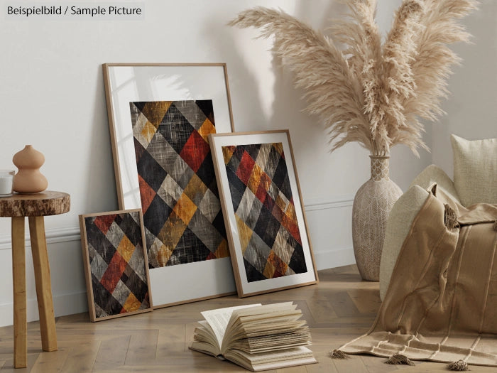 Room with framed abstract art, beige decor, dried grasses, and cushions on wooden floor.