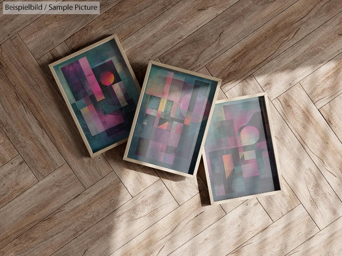 Three framed abstract paintings with geometric patterns in pink and teal tones, displayed on a wooden floor.