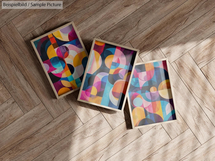 Three abstract paintings on wood floor, featuring colorful geometric designs in overlapping circles and shapes.