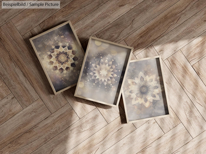 Three framed mandala artworks on wooden floor, featuring intricate geometric designs in neutral tones.