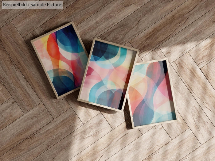 Three abstract art prints with colorful swirls in wooden frames on a wooden floor.