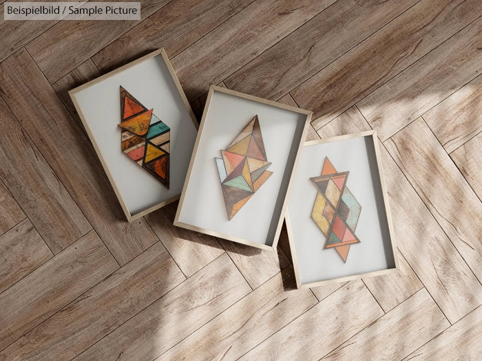 Three framed geometric artworks on a wooden floor, featuring vibrant triangles and shapes in wood tones.