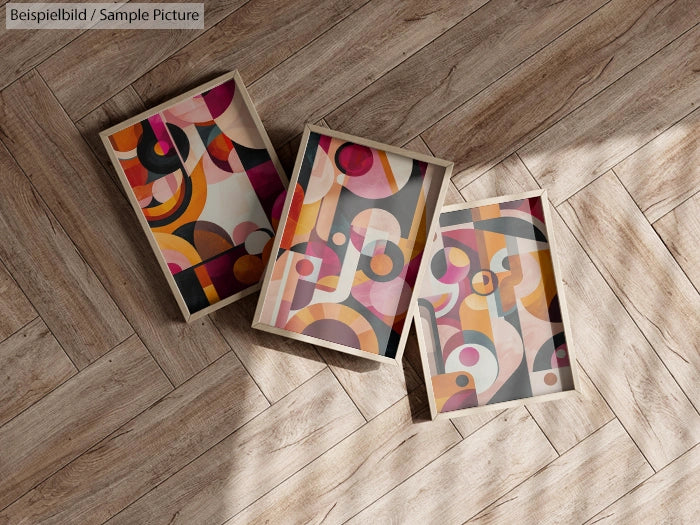 Three framed abstract paintings with geometric shapes and vibrant colors on a wooden floor.