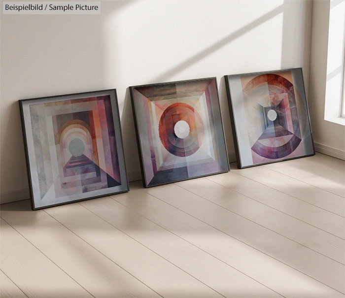 Three framed abstract geometric paintings leaning against a wall on a light wood floor.