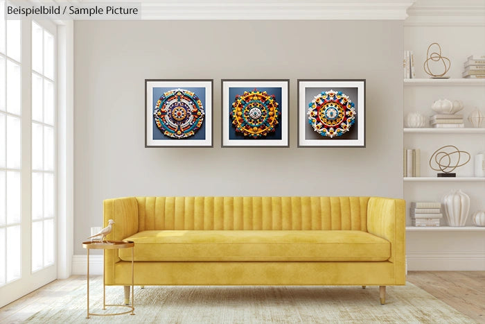 Modern living room with a yellow sofa, decorative objects, and three colorful framed mandala artworks on the wall.