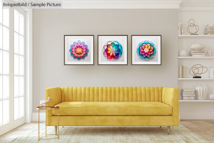 Modern living room with a yellow sofa and three vibrant floral art pieces on the wall.