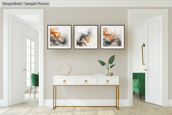 Modern hallway with a white console table, decorative items, and abstract art on the wall. Green chairs in the background.