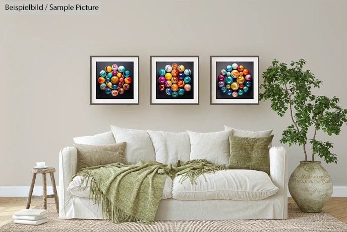 Modern living room with white sofa, green throw, and three colorful framed artworks on wall.