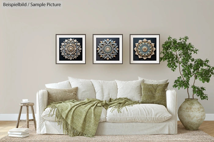 Modern living room with white sofa, green cushions, and three framed mandala artworks. Potted plant on side.