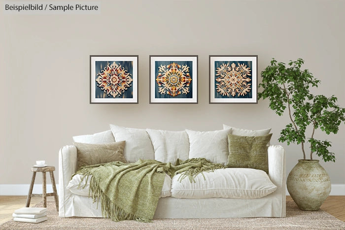 Living room with white sofa, green cushions, blanket, three framed artworks, and a potted plant on wooden floor.