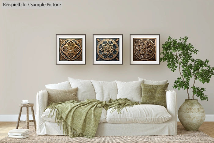 Living room with white sofa, green pillows, and wall art of three framed decorative designs above.