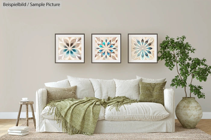 Cozy living room with white sofa, green pillows, and three floral art pieces above. Plant in a tall pot by the sofa.