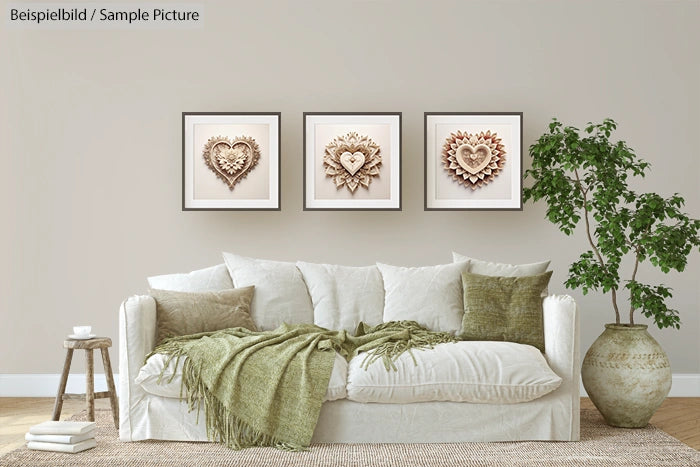 Modern living room with white sofa, green cushions, plant, and heart-themed wall art.