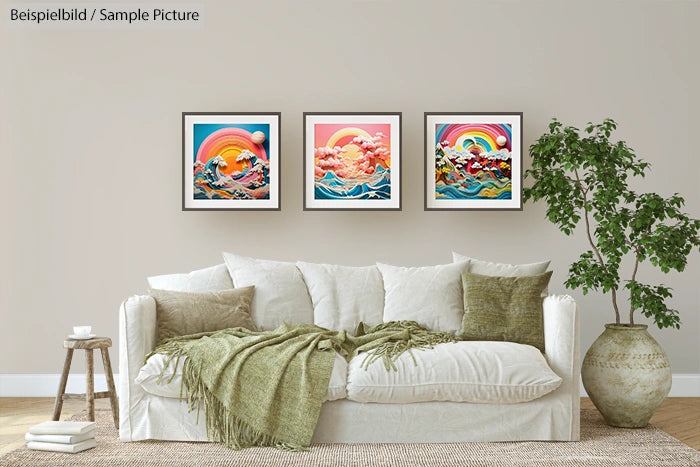 Living room with white sofa, green pillows, and three colorful wall art pieces above, next to a potted plant.