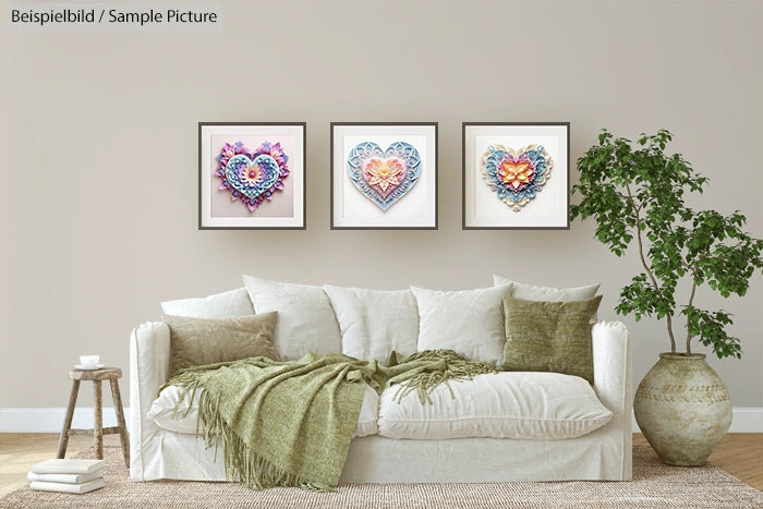 Cozy living room with cream sofa, green pillows and throws, and three framed heart-shaped artworks on wall.