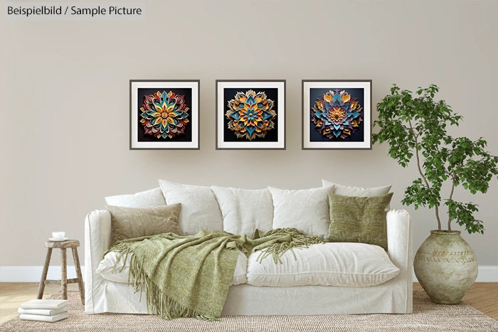 White sofa with green cushions and throws, three framed mandala artworks on the wall, and a potted plant beside the sofa.