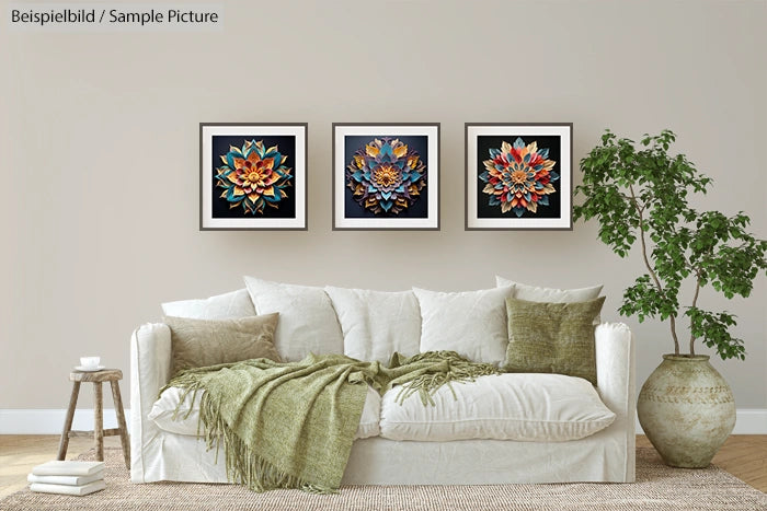 Living room with white sofa, green cushions, and three framed geometric artworks on the wall above.