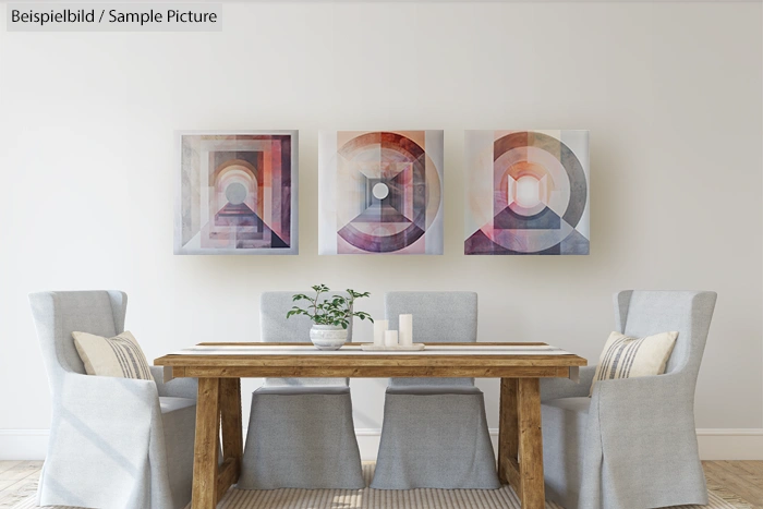 Modern dining area with wooden table, padded chairs, and three abstract paintings on the wall.