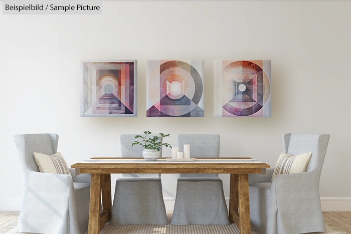 Modern dining room with light gray chairs, wooden table, and abstract artwork on the wall.