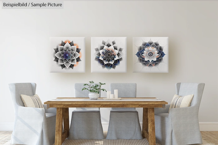 Modern dining room with wooden table, six gray chairs, and abstract floral artwork on the wall.