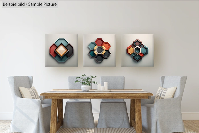 Dining room with wooden table, four gray chairs, and abstract wall art in hexagonal shapes.