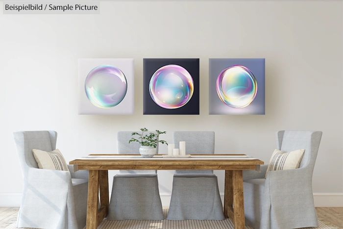 Modern dining room with wooden table, gray upholstered chairs, and three abstract circular art pieces on the wall.