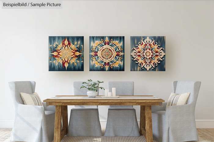 Dining area with wooden table, six gray chairs, and wall-decor of three abstract floral paintings.