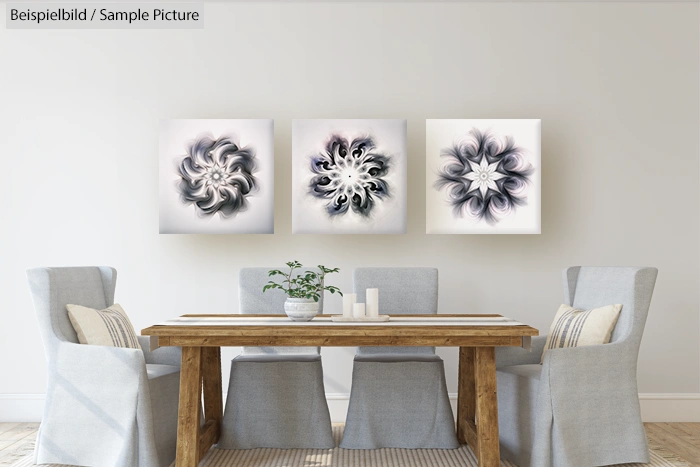 Dining room with wooden table, gray chairs, and abstract black and white artwork on the wall.