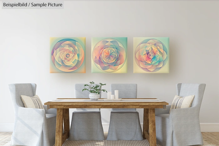 Dining room with wooden table, gray chairs, and colorful abstract art on the wall.