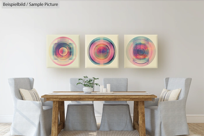 Modern dining room with wooden table, gray chairs, and abstract circular paintings on a light-colored wall.