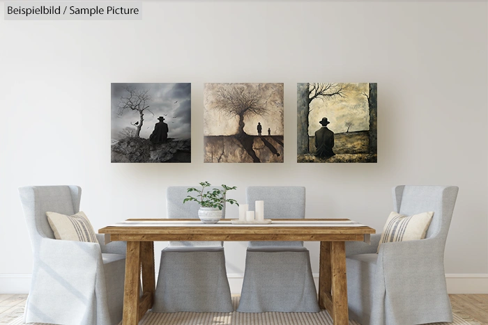 Dining room with gray chairs, wooden table, and three landscape paintings on the wall.