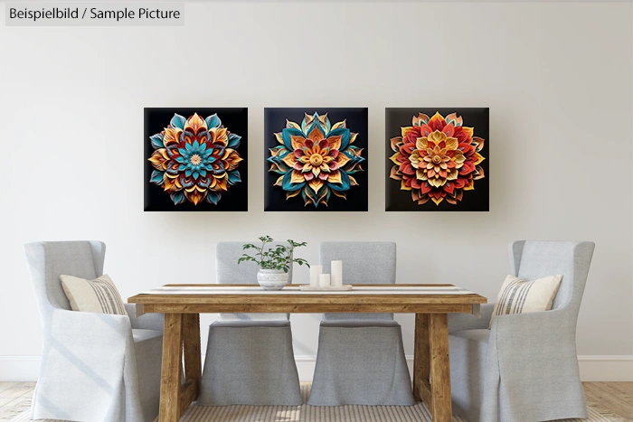 Dining room with wooden table, gray chairs, and colorful flower artworks on the wall.