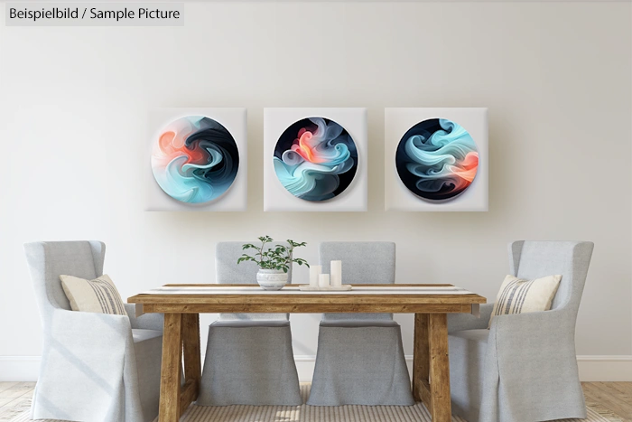 Dining room with wooden table, gray chairs, plant centerpiece and abstract swirl paintings on the wall.