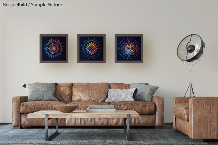 Modern living room with a leather sofa, a wooden table, and three colorful circular art pieces on the wall.