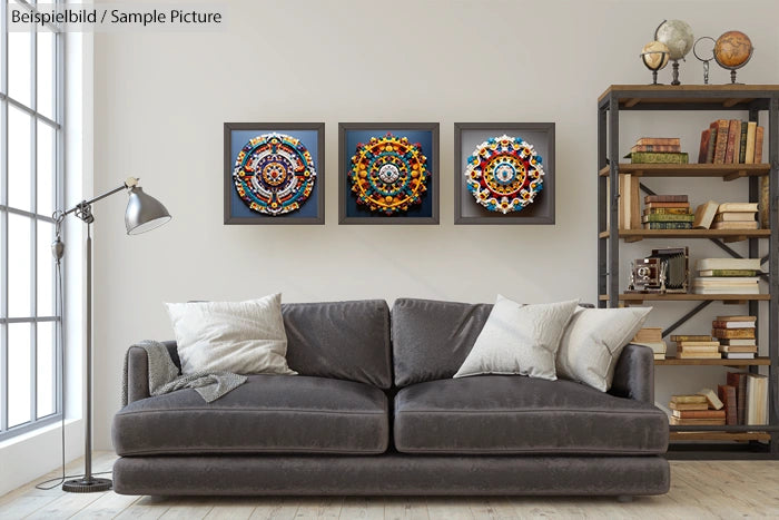 Cozy living room with grey sofa, three colorful mandala artworks on wall, and books on a metal shelf.