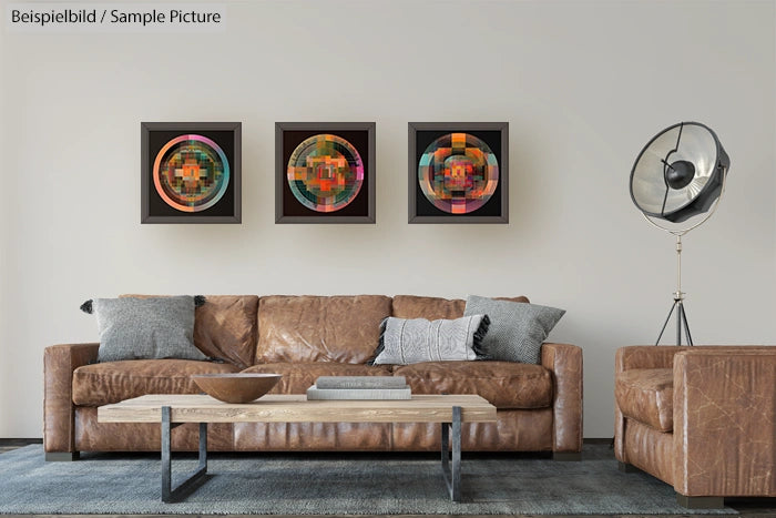 Modern living room with brown leather sofa, abstract art, and stylish floor lamp against a neutral wall.