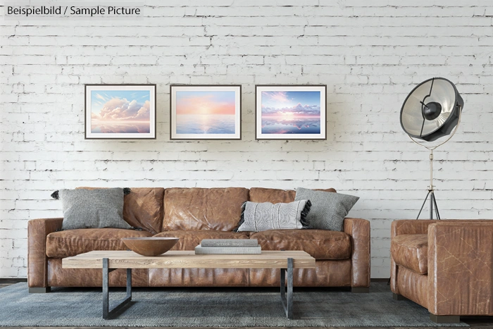 Modern living room with brown leather sofa, two gray pillows, a wooden coffee table, and framed art on white brick wall.